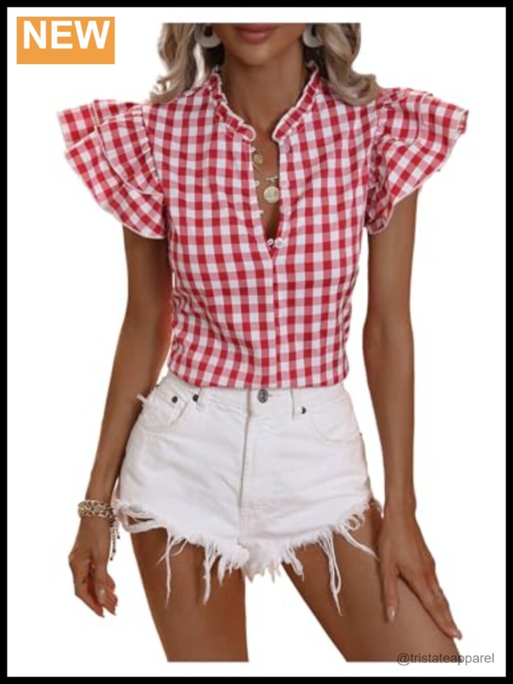 Women's Plaid Frill V-Neck Half Button Layered Blouse Tops